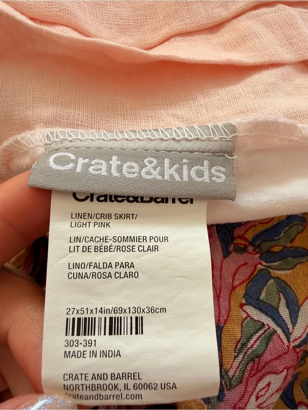 Crate & kids Linen Crib Skirt in pale Pink.